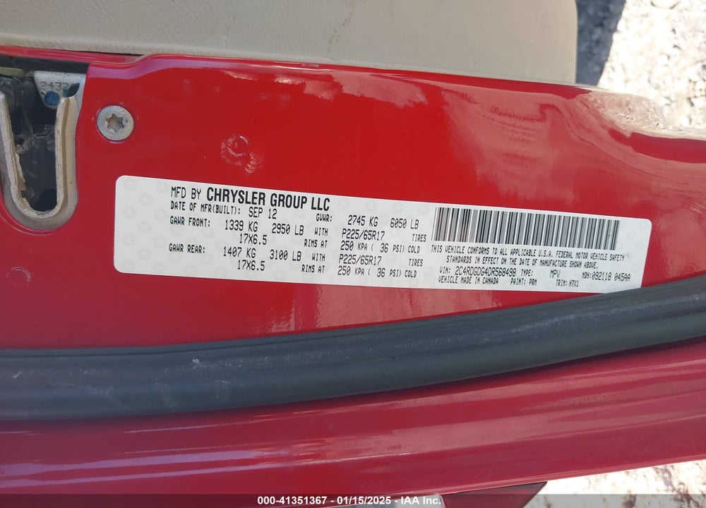 2013 DODGE GRAND CARAVAN CREW VIN: 2C4RDGDG4DR568498