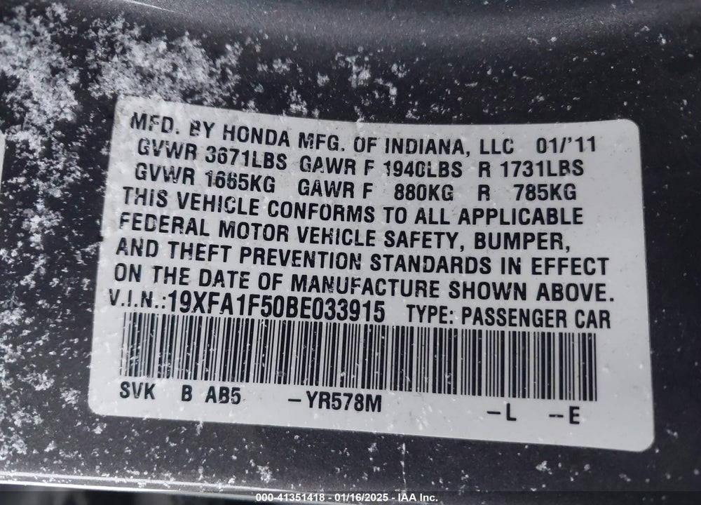 2011 HONDA CIVIC LX VIN: 19XFA1F50BE033915