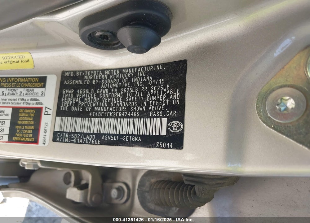 2015 TOYOTA CAMRY XLE VIN: 4T4BF1FK2FR474489