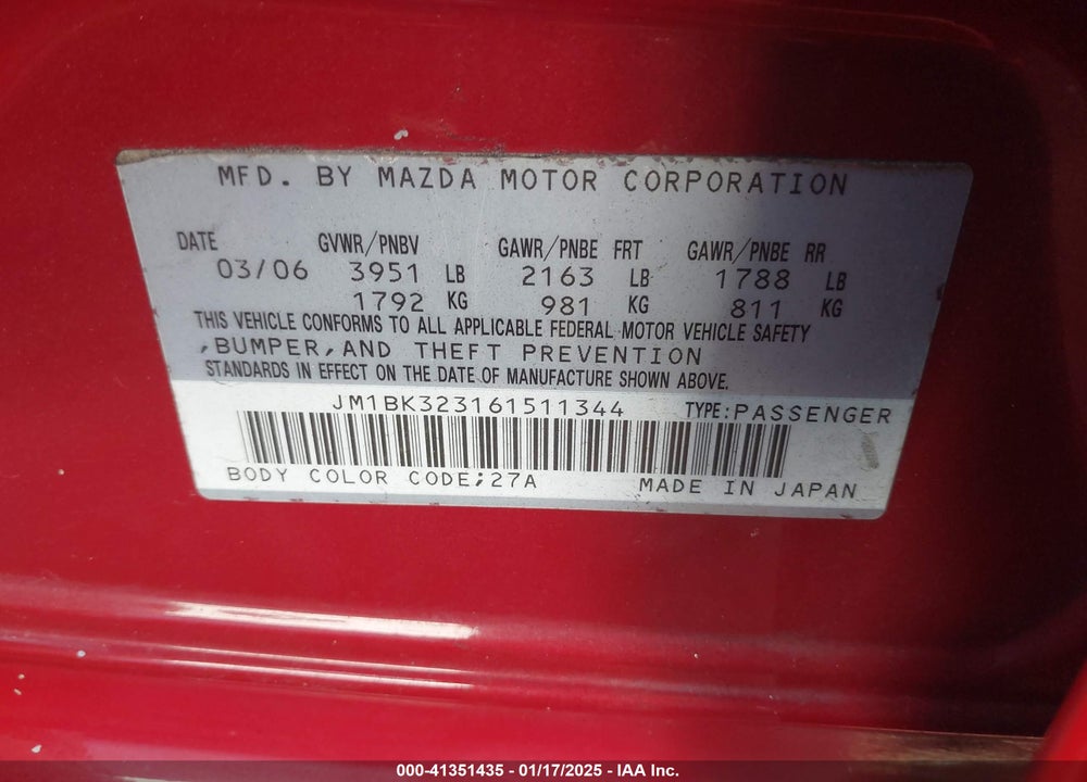 2006 MAZDA 3 S TOURING VIN: JM1BK323161511344