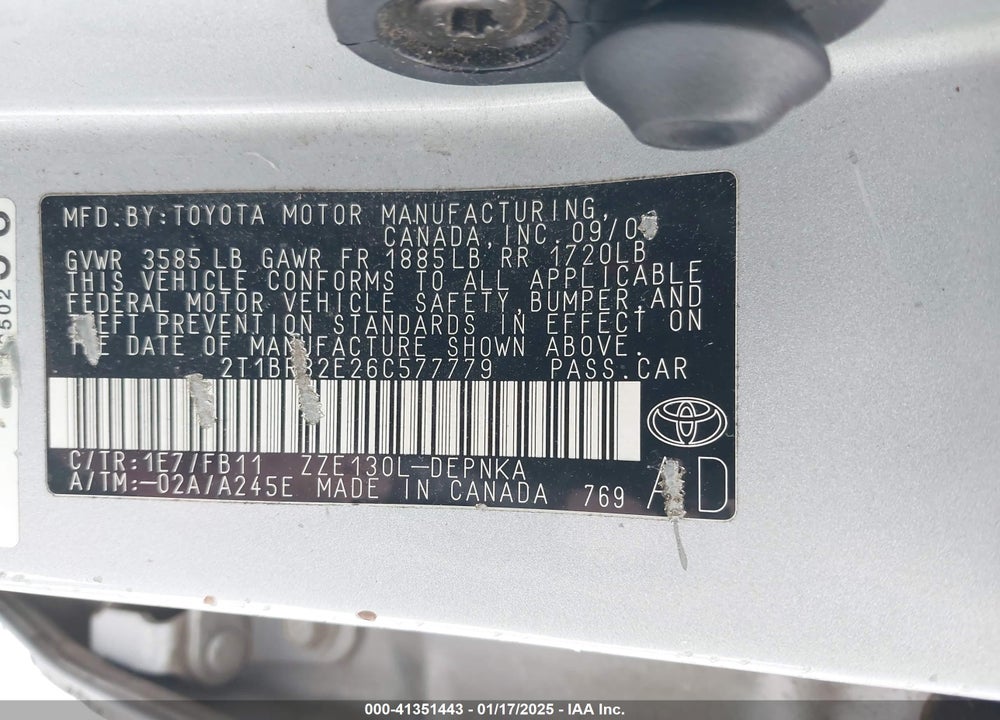 2006 TOYOTA COROLLA LE VIN: 2T1BR32E26C577779