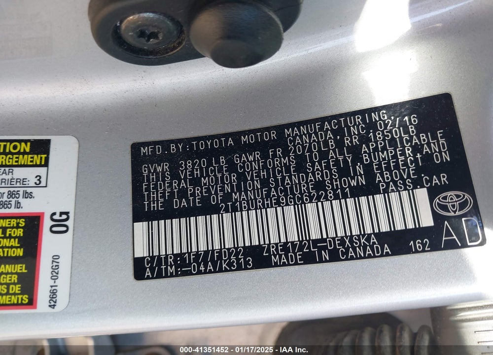 2016 TOYOTA COROLLA VIN: 2T1BURHE9GC622811