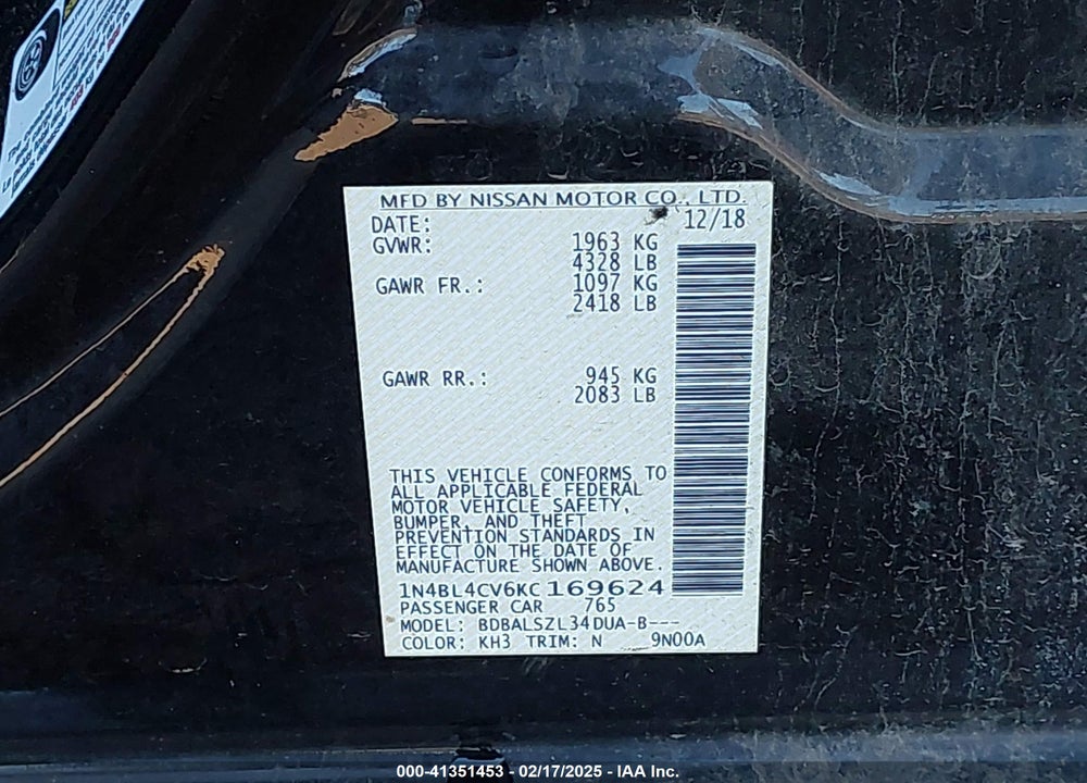 2019 NISSAN ALTIMA VIN: 1N4BL4CV6KC169624