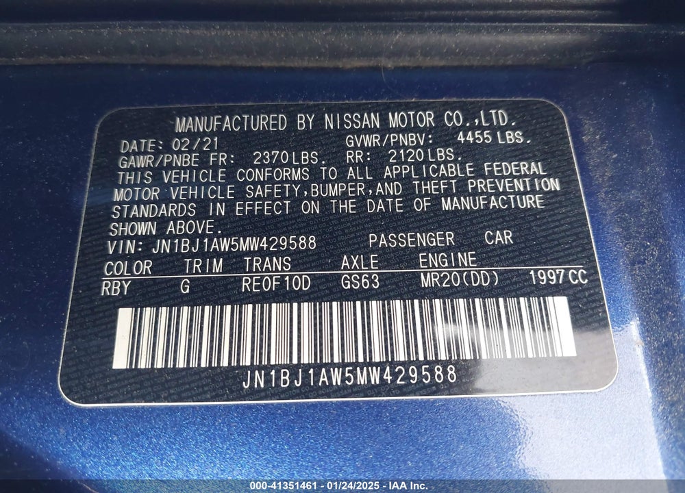 2021 NISSAN ROGUE SPORT S AWD XTRONIC CVT VIN: JN1BJ1AW5MW429588