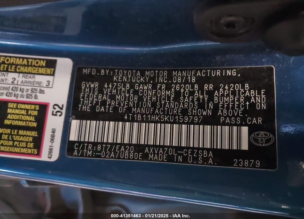 2019 TOYOTA CAMRY SE VIN: 4T1B11HK5KU159797