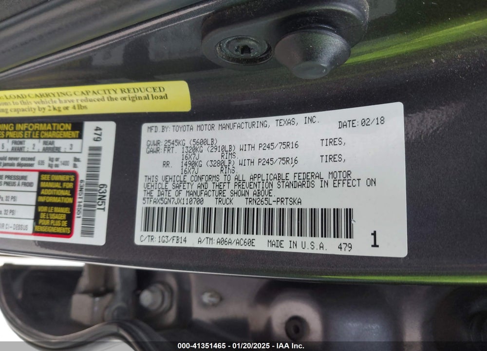 2018 TOYOTA TACOMA VIN: 5TFAX5GN7JX110700