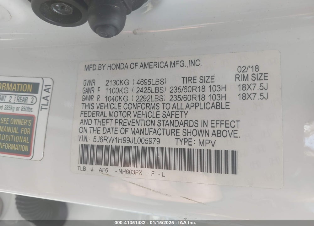 2018 HONDA CR-V TOURING VIN: 5J6RW1H99JL005979