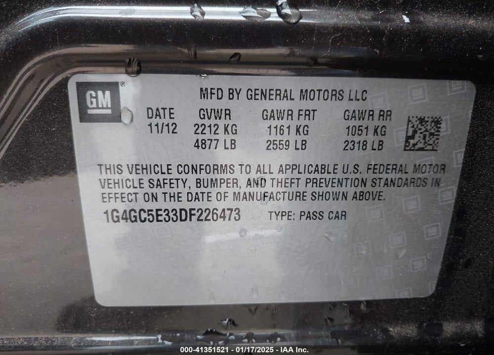 2013 BUICK LACROSSE VIN: 1G4GC5E33DF226473