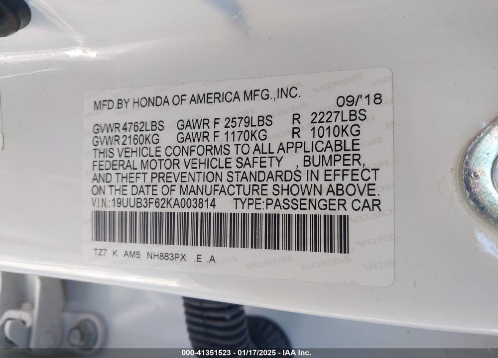 2019 ACURA TLX VIN: 19UUB3F62KA003814