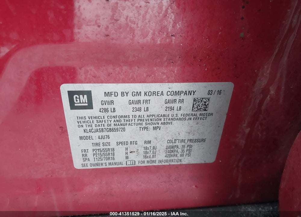 2016 BUICK ENCORE VIN: KL4CJASB7GB659720