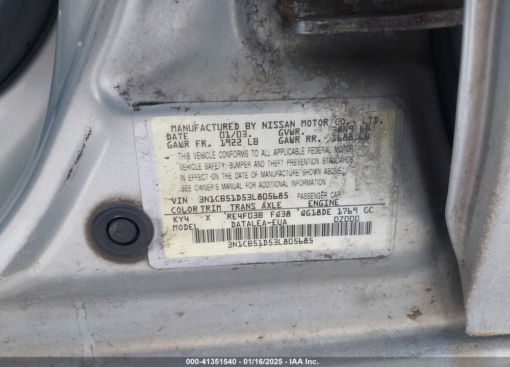 2003 NISSAN SENTRA VIN: 3N1CB51D53L805685