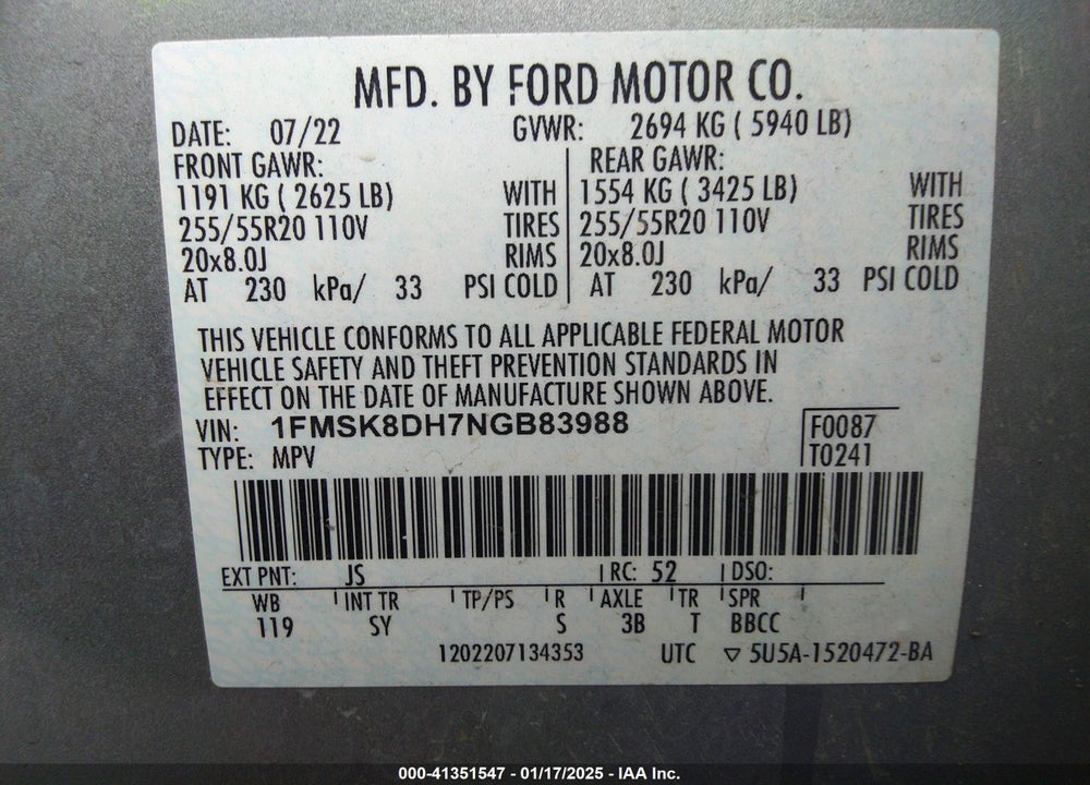 2022 FORD EXPLORER XLT VIN: 1FMSK8DH7NGB83988