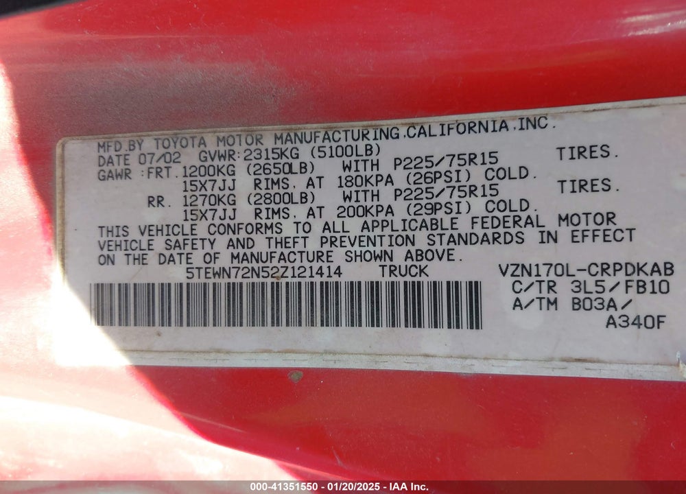 2002 TOYOTA TACOMA BASE V6 VIN: 5TEWN72N52Z121414