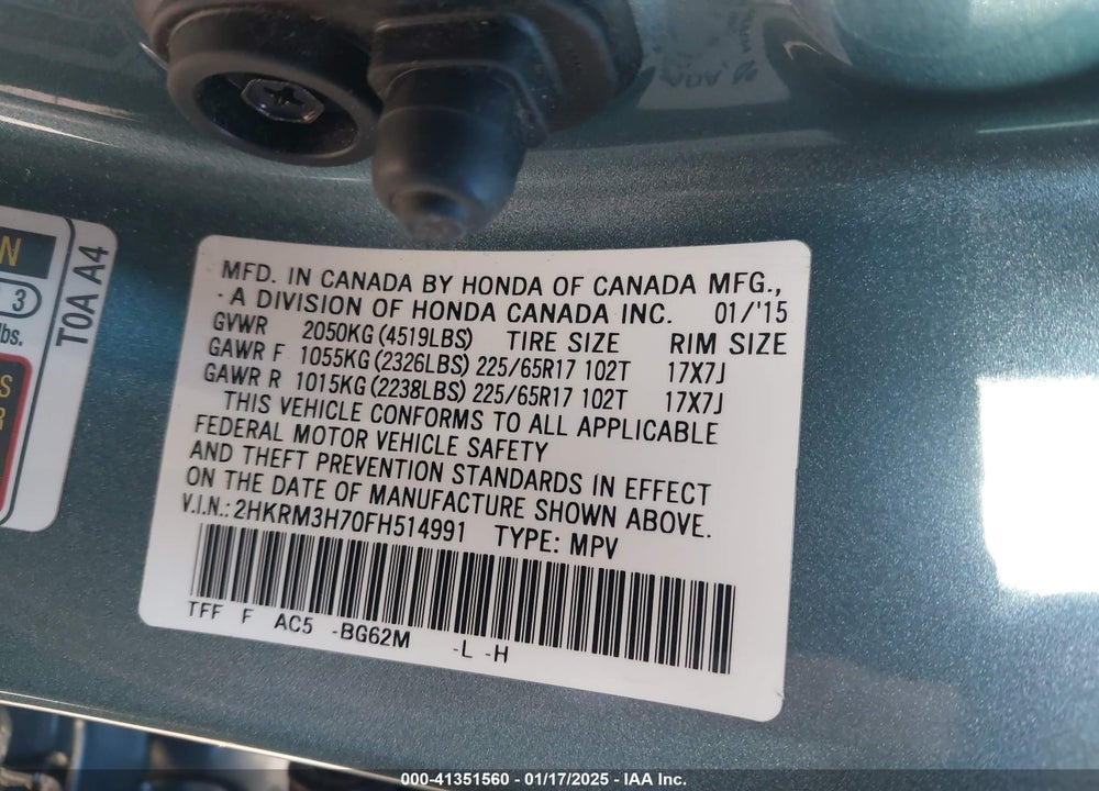 2015 HONDA CR-V EX-L VIN: 2HKRM3H70FH514991