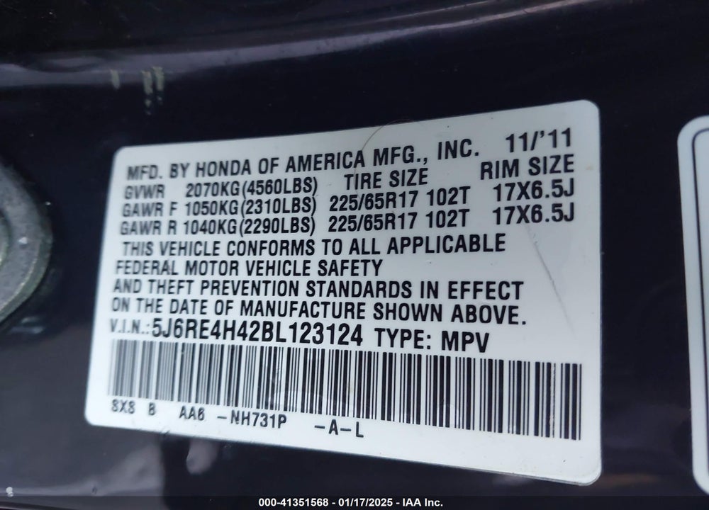 2011 HONDA CR-V SE VIN: 5J6RE4H42BL123124