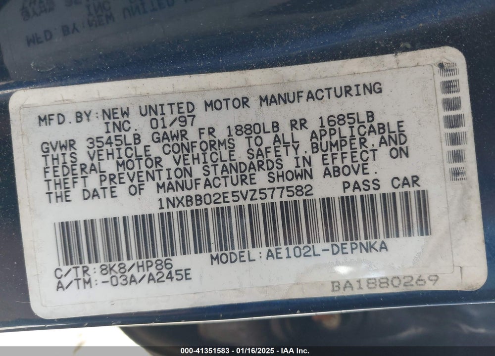 1997 TOYOTA COROLLA DX VIN: 1NXBB02E5VZ577582