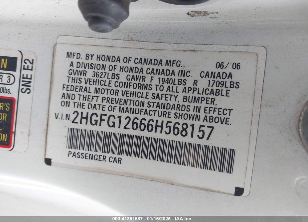2006 HONDA CIVIC LX VIN: 2HGFG12666H568157