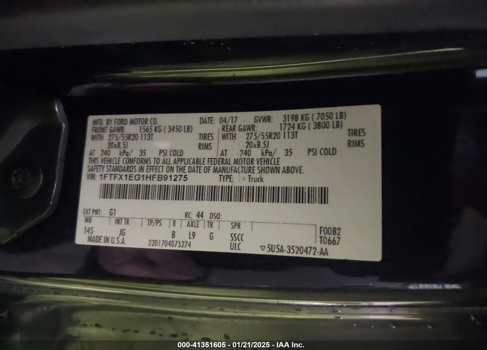 2017 FORD F-150 XL VIN: 1FTFX1EG1HFB91275