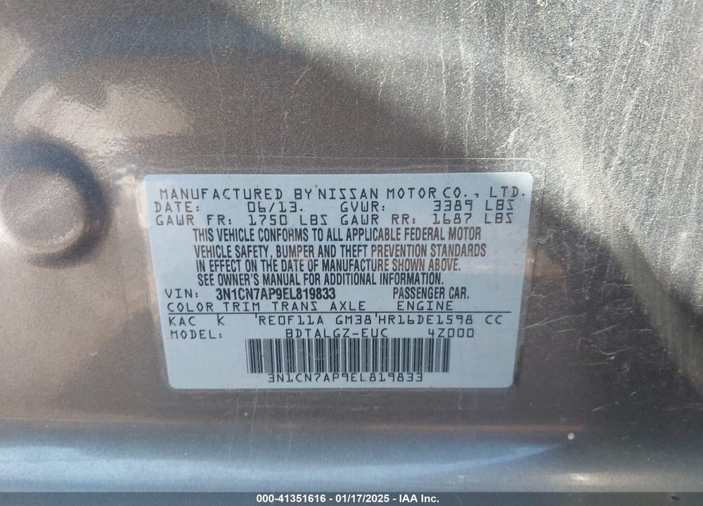 2014 NISSAN VERSA VIN: 3N1CN7AP9EL819833