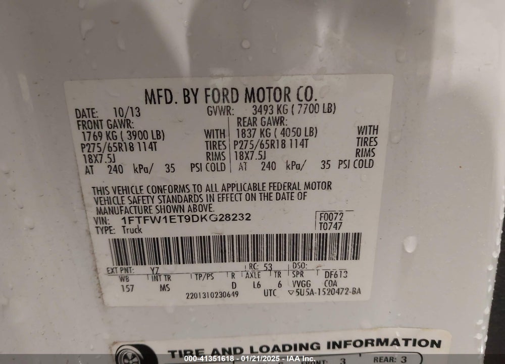 2013 FORD F-150 VIN: 1FTFW1ET9DKG28232