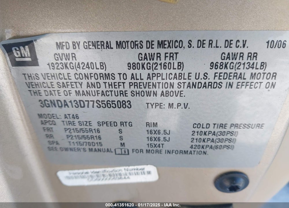 2007 CHEVROLET HHR VIN: 3GNDA13D77S565083