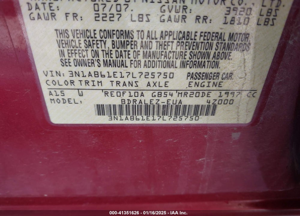 2007 NISSAN SENTRA 2.0/2.0S/2.0SL VIN: 3N1AB61E17L725750
