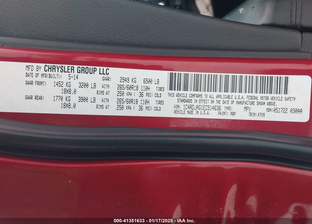 2014 DODGE DURANGO SXT VIN: 1C4RDJAG1EC514636