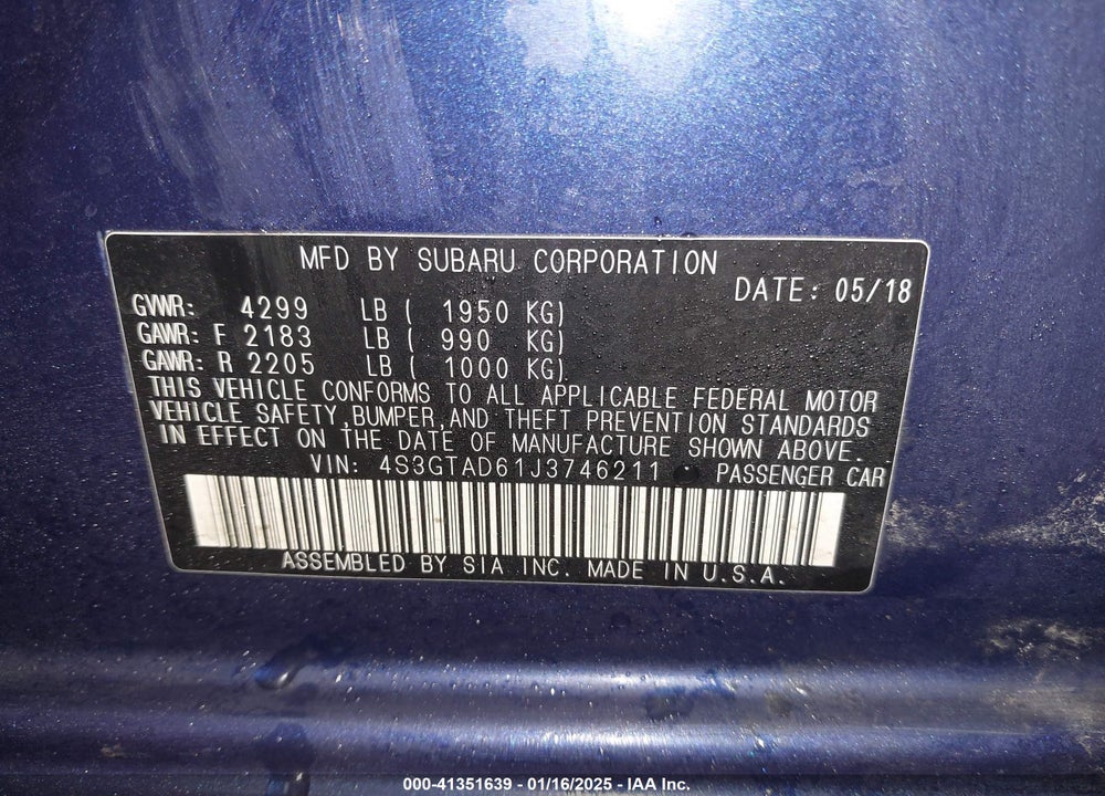 2018 SUBARU IMPREZA VIN: 4S3GTAD61J3746211