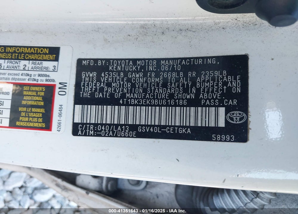 2011 TOYOTA CAMRY XLE V6 VIN: 4T1BK3EK9BU616186