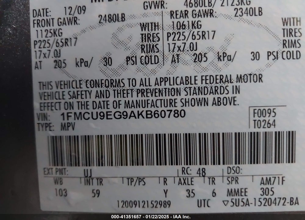 2010 FORD ESCAPE LIMITED VIN: 1FMCU9EG9AKB60780