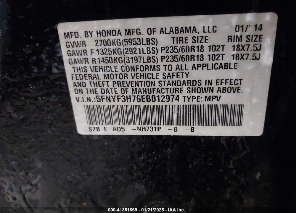 2014 HONDA PILOT EX-L VIN: 5FNYF3H76EB012974