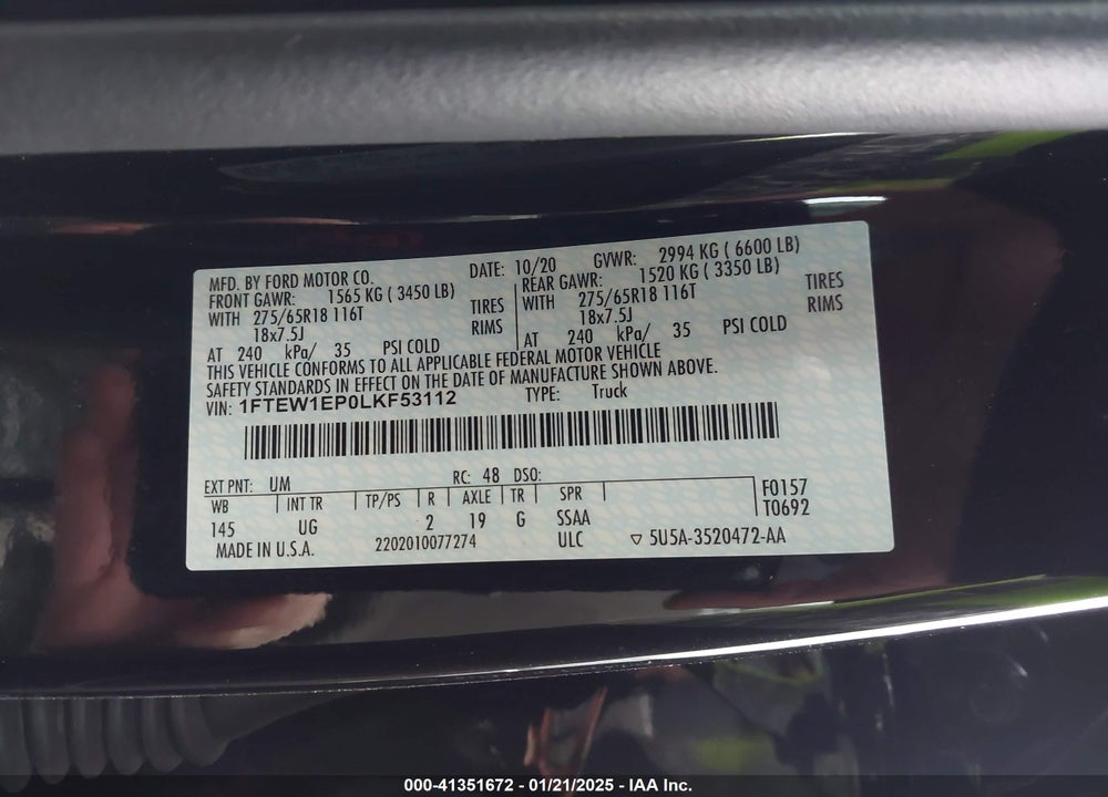 2020 FORD F150 VIN: 1FTEW1EP0LKF53112