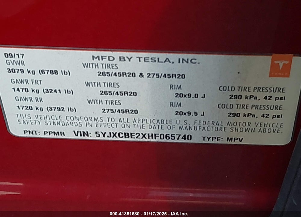 2017 TESLA MODEL X 100D/75D/90D VIN: 5YJXCBE2XHF065740