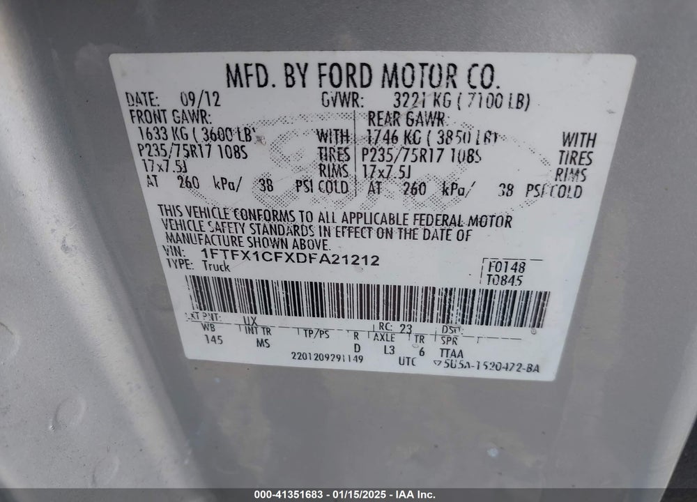 2013 FORD F-150 XLT VIN: 1FTFX1CFXDFA21212