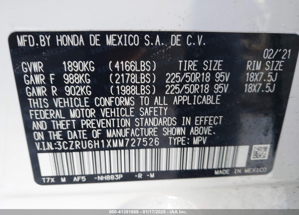 2021 HONDA HR-V AWD SPORT VIN: 3CZRU6H1XMM727526