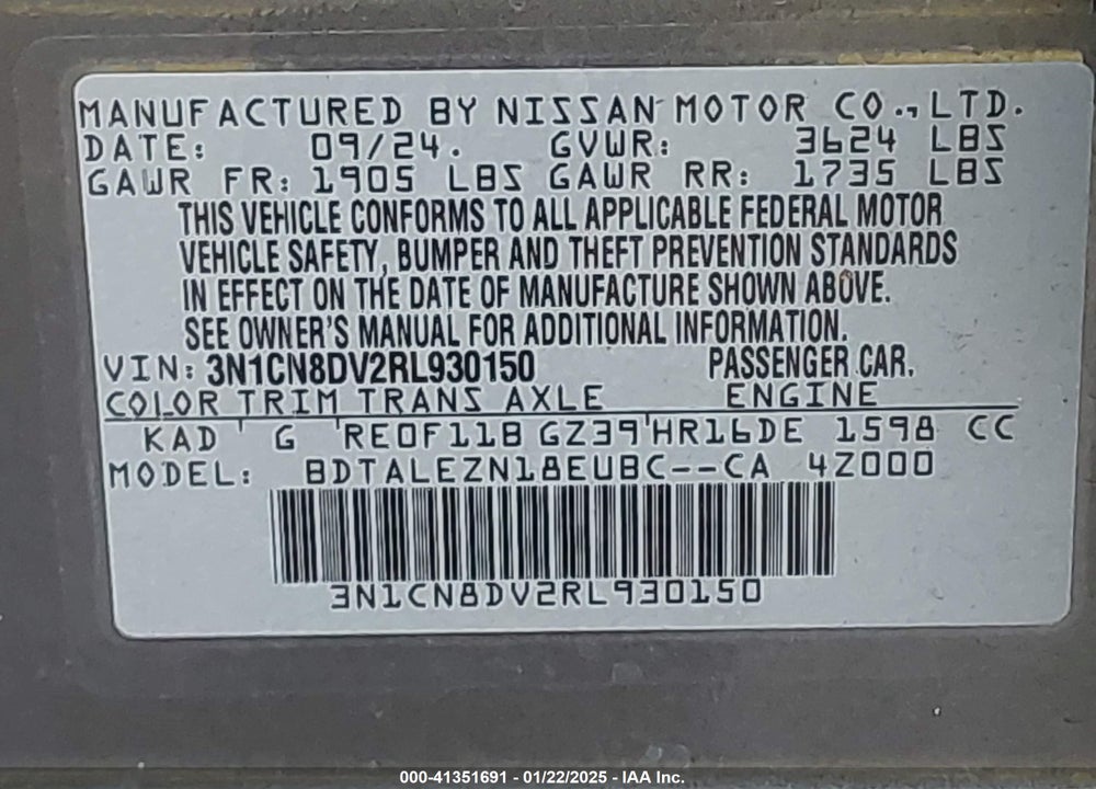 2024 NISSAN VERSA 1.6 S+ VIN: 3N1CN8DV2RL930150