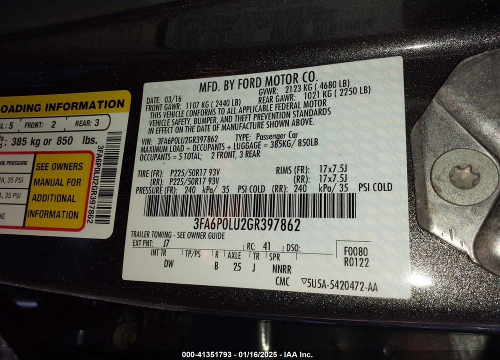 2016 FORD FUSION VIN: 3FA6P0LU2GR397862