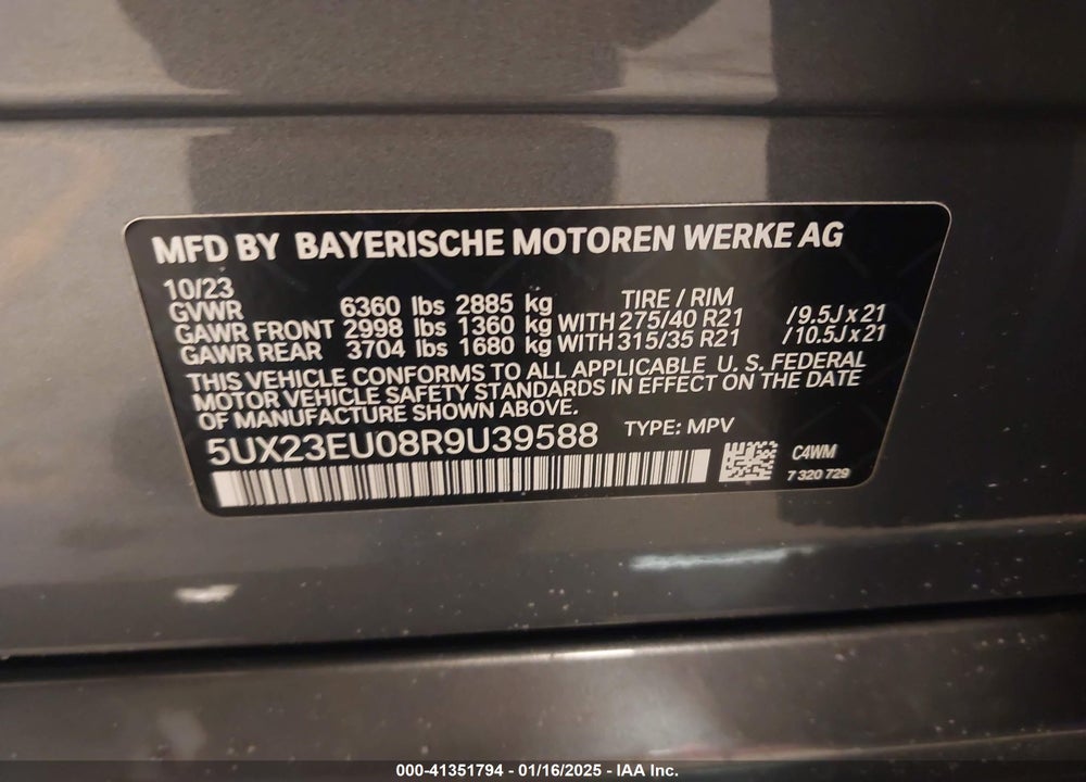 2024 BMW X5 XDRIVE40I VIN: 5UX23EU08R9U39588