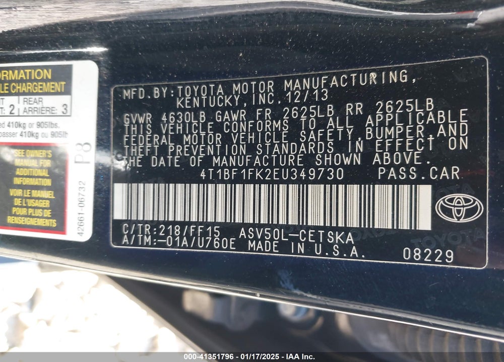 2014 TOYOTA CAMRY VIN: 4T1BF1FK2EU349730