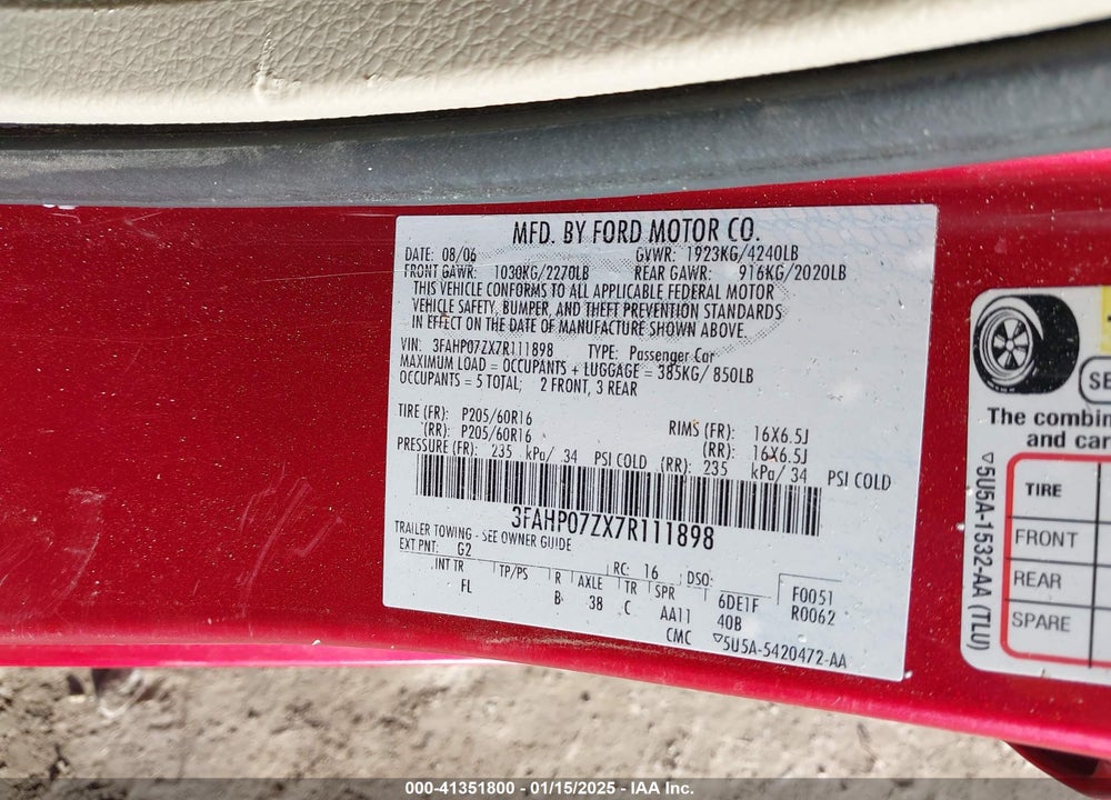 2007 FORD FUSION VIN: 3FAHP07ZX7R111898