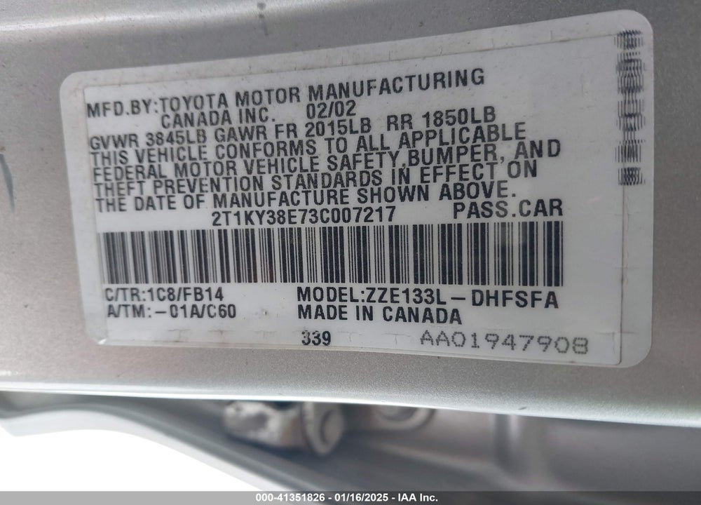 2003 TOYOTA MATRIX XRS VIN: 2T1KY38E73C007217