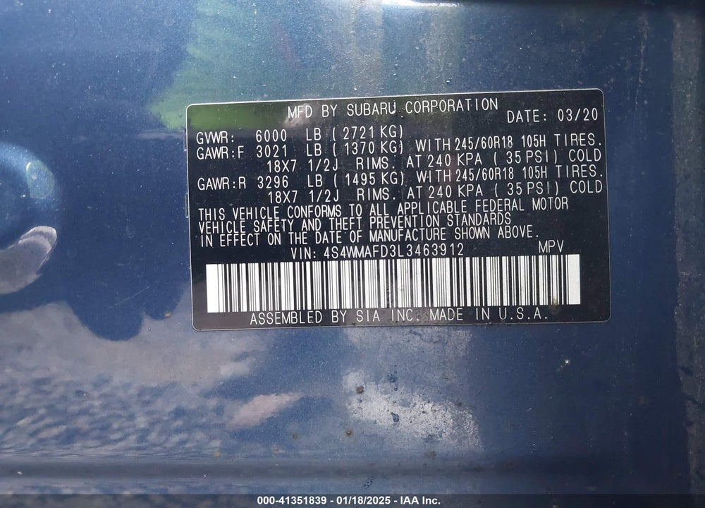 2020 SUBARU ASCENT PREMIUM VIN: 4S4WMAFD3L3463912