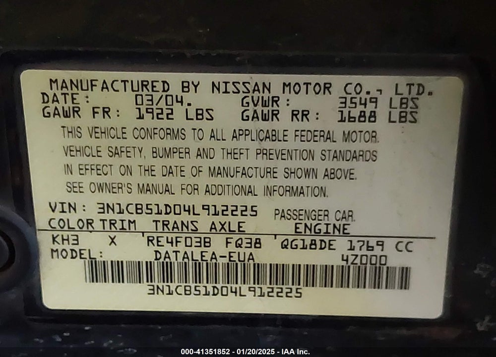 2004 NISSAN SENTRA 1.8S VIN: 3N1CB51D04L912225