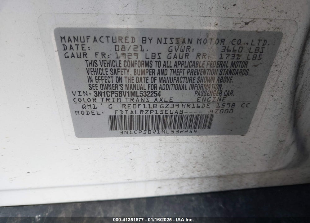 2021 NISSAN KICKS S XTRONIC CVT VIN: 3N1CP5BV1ML532254