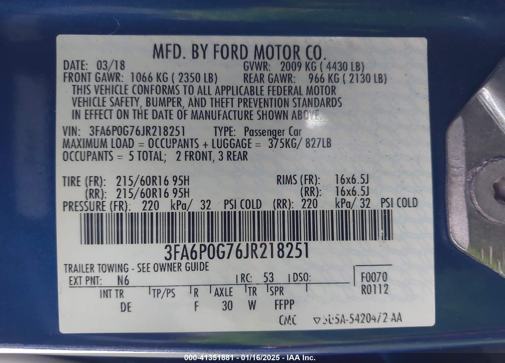 2018 FORD FUSION VIN: 3FA6P0G76JR218251