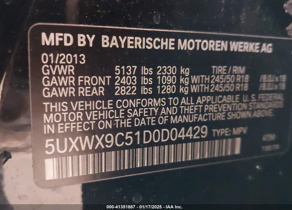 2013 BMW X3 XDRIVE28I VIN: 5UXWX9C51D0D04429