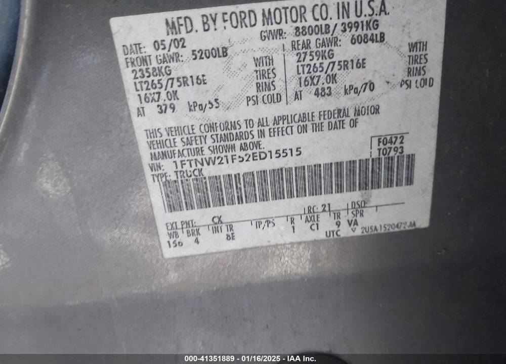 2002 FORD F-250 LARIAT/XL/XLT VIN: 1FTNW21F52ED15515