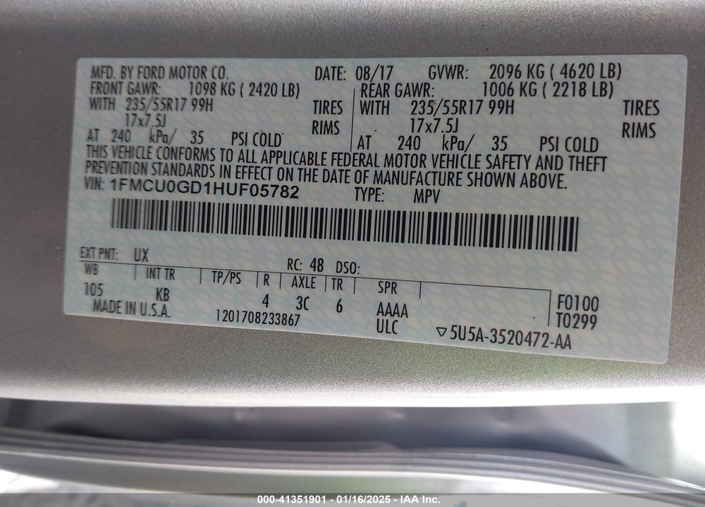 2017 FORD ESCAPE SE VIN: 1FMCU0GD1HUF05782