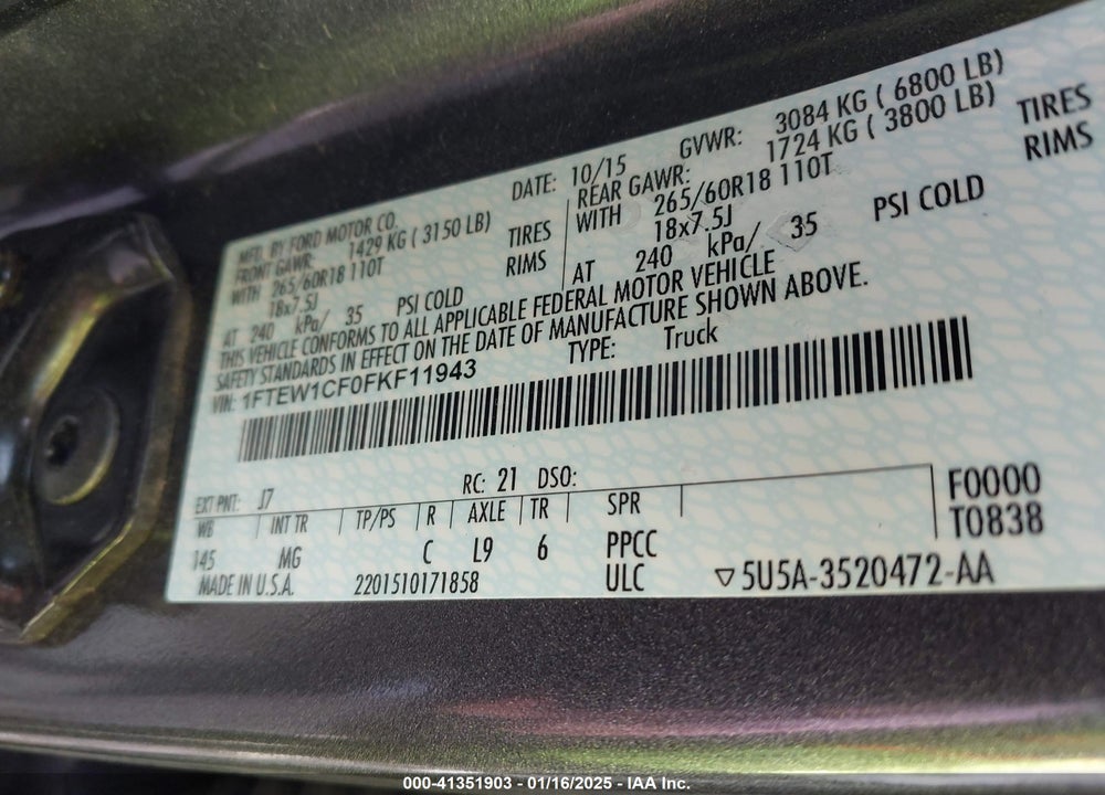 2015 FORD F-150 VIN: 1FTEW1CF0FKF11943