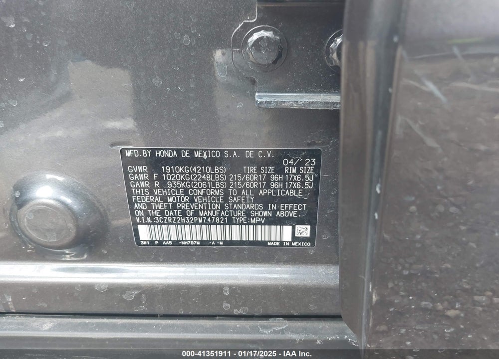 2023 HONDA HR-V VIN: 3CZRZ2H32PM747821